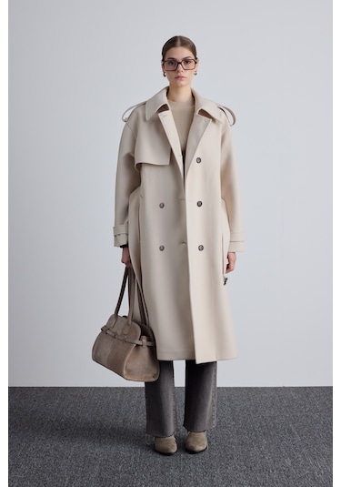 Apolet Detaylı Kaşe Kaban Bej