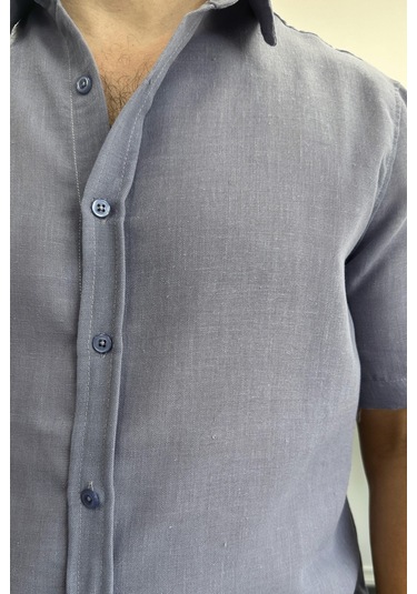 Erkek Kısa Kollu Keten Görünümlü Gömlek Mavi Edw389 Mavi