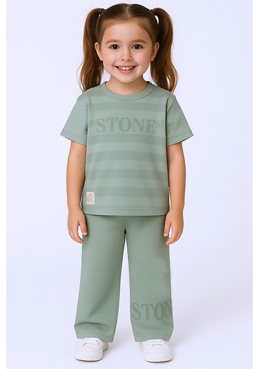 Kız Çocuk Eşofman Takımı Çizgili İspanyol Paça B17 Su Yeşili