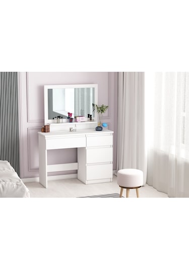 Duru Makyaj Masası, 4 Çekmeceli, Aynalı, Raflı, Beyaz