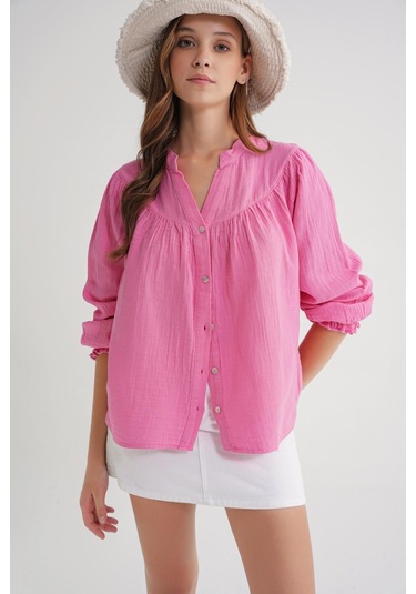 4733 Kadın Büzgü Robalı Uzun Kol Müslin Gömlek Pembe Pembe
