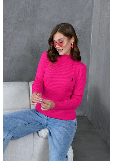 Kadın Dik Yaka Saç Örgü Nakış Detaylı Triko Kazak Fuşya