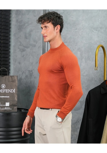 Modefendi Slimfit Kalıp Pamuklu Triko Yarım Balıkçı Triko Kazak Turuncu