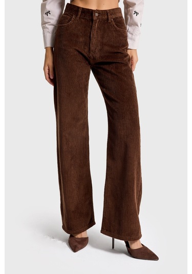 Itsbasic Kadın Kahverengi Doris 26w5-42 Straight Fit Yüksek Bel İç Boy 80cm Kalın Fitilli Kadife Velvet Kumaş Pantolon