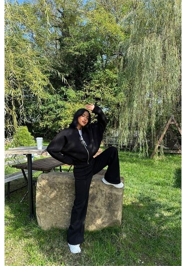 Neşeli Butik Kadın Siyah Fermuarlı Kışlık Salaş Eşofman Takımı Nbg026 Siyah