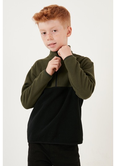 Lela Yumuşak Dokulu Yarım Fermuarlı Renk Bloklu Dik Yaka Unisex Çocuk Polar 5905004 Haki-Siyah