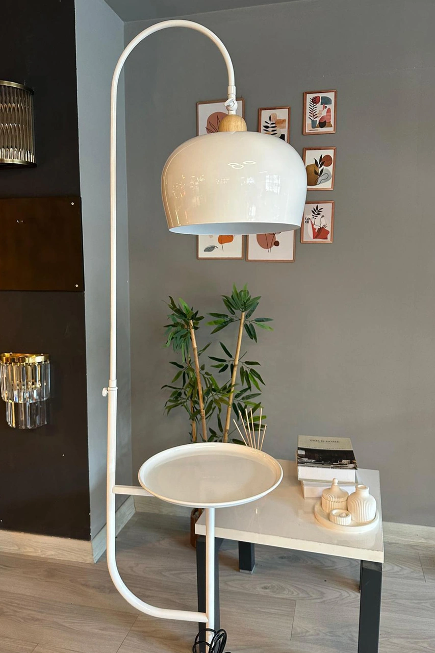 Lambader Beyaz Hareketli Başlık Sehpalı Modern Dekoratif Metal Oturma Odası Çalışma Odası Zemin Beyaz