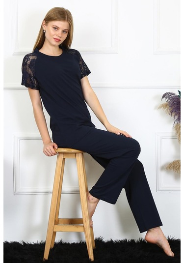 Akbeniz Kadın Kolu Dantelli Penye Pijama Takım 4150 - S Lacivert