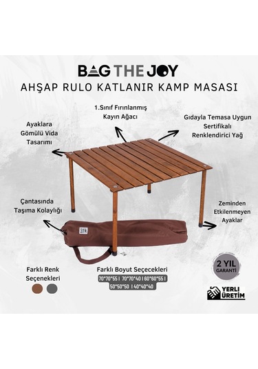 Bag The Joy 70 x 70 x 40 CM Ahşap Katlanır Kamp Masası - Kahverengi