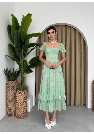 Şifon Kumaş Dijital Desen Baskılı Elbise L