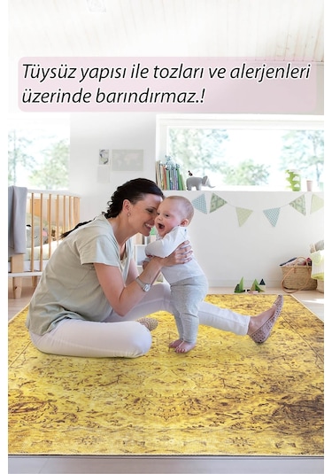 Blues Vintage Desenli Dokuma Taban Dekoratif Sarı Halı (Al 24)