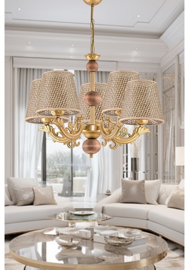 Beş Kollu Ahşaplı Eskitme Zamak Metal Döküm Avize Kahverengi Rattan Hasır Şapkalı Kahverengi