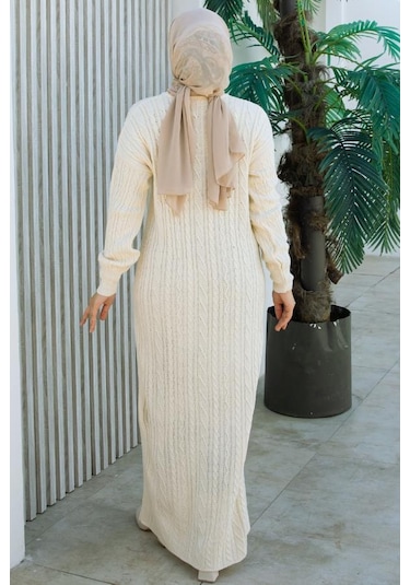 Brc2440ekru-bisiklet Yaka Örme Triko Elbise Ekru