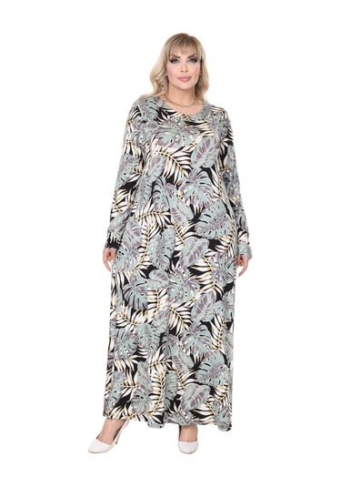 Melsay Butik Yeşil Beyaz Tropik Desen Uzun Kollu Kadın Tesettür Elbise Yeşil