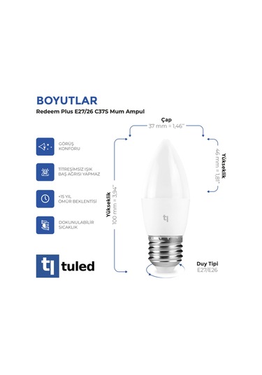 Redeem Plus C37s E27 Mum Ampul, Titreşimsiz, Göz Konforu, 609 Lümen, Doğal Beyaz, 4000 Kelvin