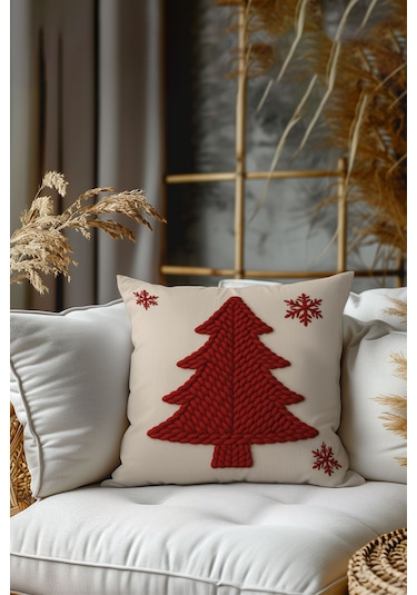 2 Li Yılbaşı Desenli, Çift Taraflı Baskı, Kırlent Kılıfı Seti Beyaz-Kırmızı