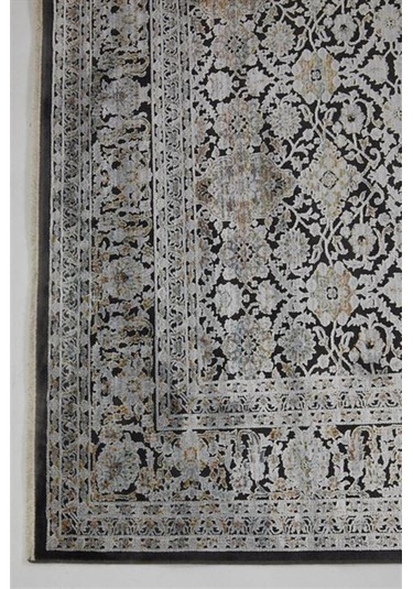 Çam Halı Buhara 3502 Siyah Romans Halı Eskitme Desenli Makine Halısı