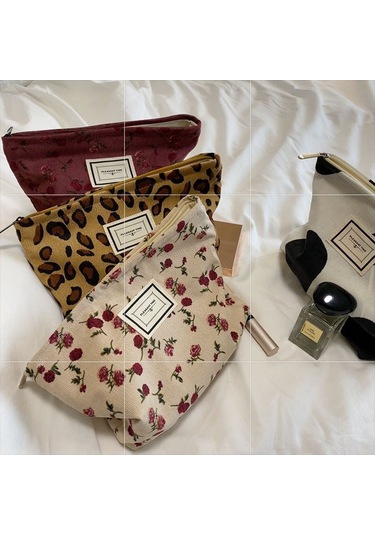 Geeksen Kadınlar İçin Vintage Leopar Desenli Fleece Makyaj Çantası - Hafif, Taşınabilir Seyahat & Dış Etkinlik Depolama Çantası Pembe Gül Koyu Gri