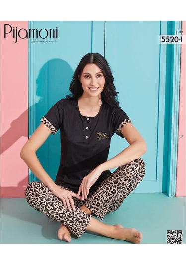 Pijamoni Kadın Viskoz Likralı Düğme Yaka Kaşkorse Patlı Kısa Kol Pijama Takımı 5520-1 / 1 Adet Siyah