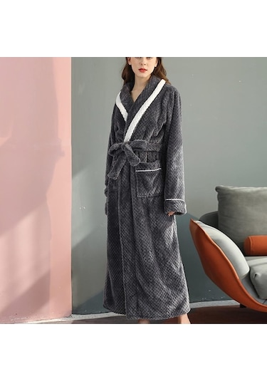 Flybuy Bayan Sabahlık Flanel Cepli Bornoz Kadın Erkek Kış Gecelik Uzun Kollu Sıcak Bornoz Gri