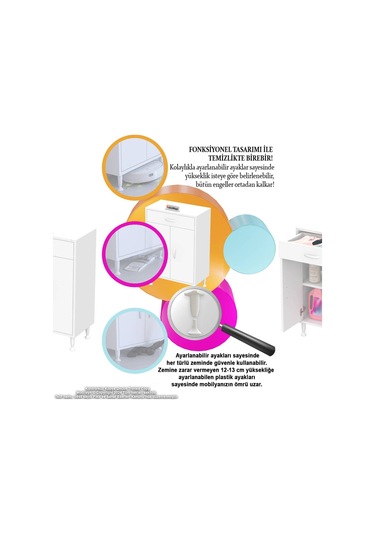 55 X 88 X 32,5 Cm Lik 1 Çekmece 1 Kapak 1 Raf 2 Gözlü Organizatör Mutfak Dolabı Çok Amaçlı Dolap Beyaz