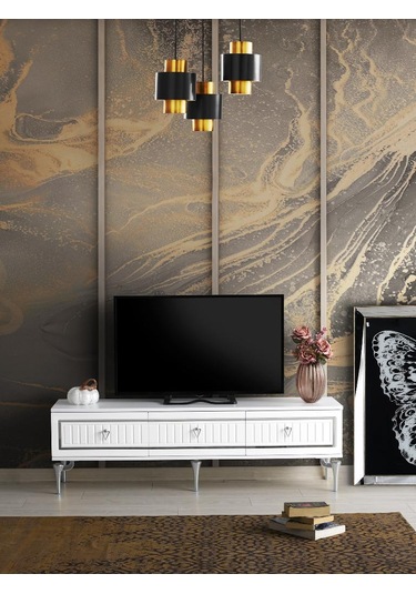 150 CM KLAS METAL AYAK MDF MEBRAN KAPAK TV SEHPASI BEYAZ GÜMÜŞ