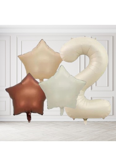 2 Yaş Retro Krem Bej Kahverengi Yıldız Folyo Balon Seti Krem Rakamlı Doğum Günü Şık Parti Süsleme Çok Renkli
