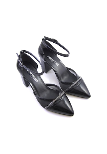 Molly Siyah Rugan Taşlı Fileli Kalın Topuklu Ayakkabı Siyah Rugan