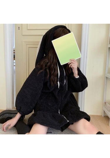 Sonbahar Kış Kadın Hoodie Tavşan Kulaklar Kapşonlu Fermuar Peluş Ceket Lolita Elastik Manşet Kazak Ceket Alışveriş İçin Siyah Sonbahar Kış Kadın Hoodie Tavşan Kulaklar Kapşonlu Fermuar Peluş Ceket Lolita Elastik Manşet Kazak Ceket Alışveriş İçin Siyah
