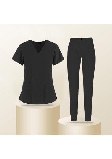 Homyl Rahat Hemşirelik Ovma Seti Spa Üniformaları Moda M-siyah