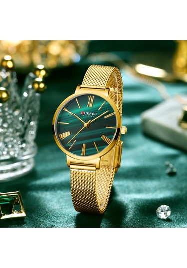 Padalink Curren Kadın Kuvars Saat, 3atm Su Geçirmez, Zümrüt Rengi Ağı Tel Bantlı, Altın Kasa, Klasik Tasarım, Kol Saati Gold