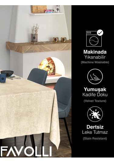 Kadife Dokulu Bej Renk Masa Örtüsü Bej