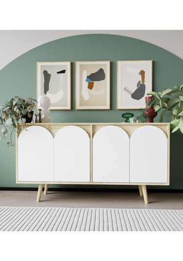 Venezia Ahşap Ayaklı Bohem Konsol Safir Meşe Gövde -beyaz Kapak 150 Cm