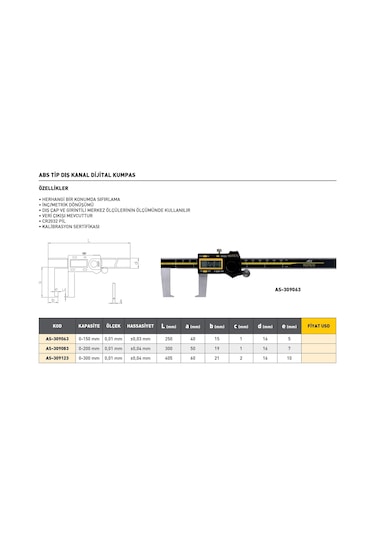 Fett 0-300mm Asimeto Abs Tip Dış Kanal Dijital Kumpası As-309123