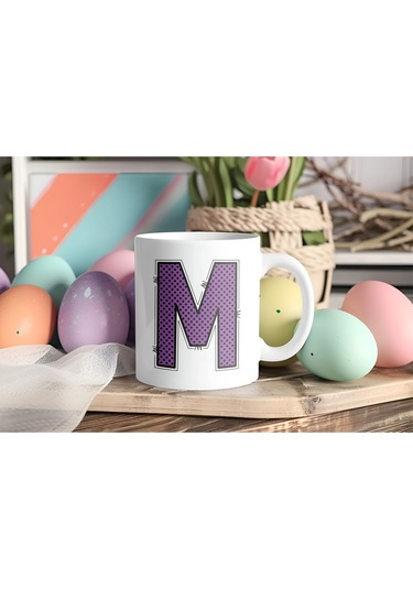 M Harfi Mor Puantiyeli Kupa Bardak - Polka Dot Tasarım Kahve Çay Bardak - Kişiye Özel Hediyelik Beyaz