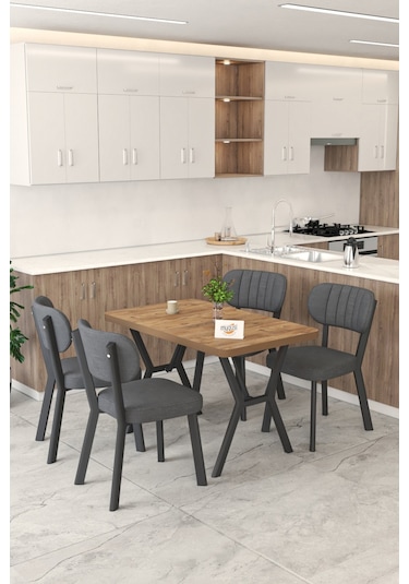 Gnr 70x110cm Sabit Atlantik Mutfak Masası Takımı, Yemek Masası, 4 Modern Antrasit Sandalye Antrasit