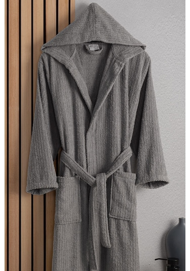 Güvenal Eos Unisex Pamuk Çizgili Kapüşonlu Bornoz Çeyiz Bornoz Seti Sabahlık Hediyelik 8 Antrasit