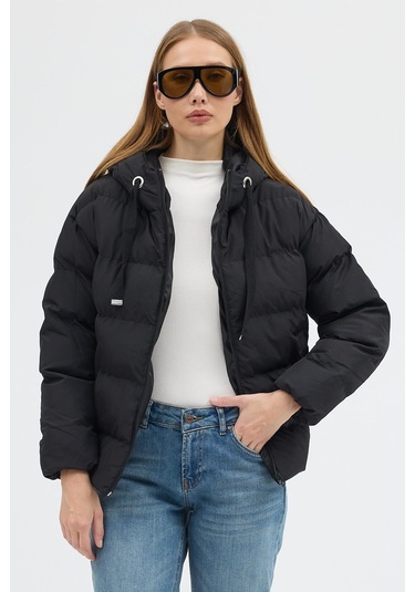 Çift Cepli Fermuarlı Su İtici Kumaş Normal Kesim Dolumlu Şişme Kadın Siyah Mont Tbmnt005 Siyah