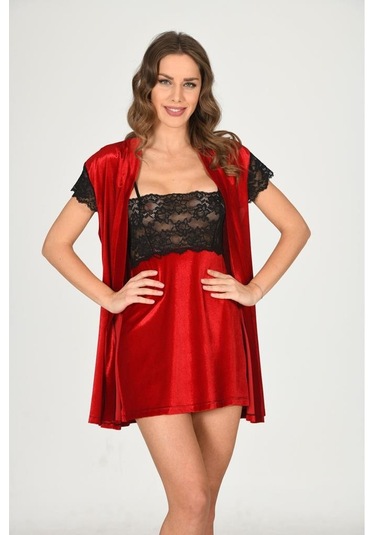 Sistina Bayan Dantelli Kırmızı Kadife Sabahlık Gecelik Takım 1428 Kırmızı