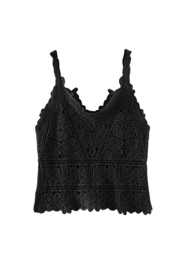 Siyah Kadın Yaz Yelek Üstleri V Yaka Kolsuz Tığ Örgü Üstleri Düz Renk Hollow Dantel Sling Siyah