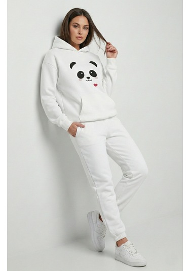 Nevermind Unisex Sevgili Çift Kombini Oversize Panda Baskılı Çift Hoodie Siyah-Beyaz