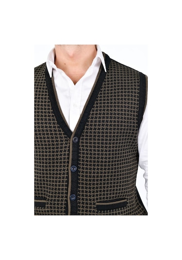 Kamalı Siyah Erkek Çelik Örgü Düğmeli Cepli Kazayağı Desen Tüylenmeyen Triko Kışlık Kazak Yelek Siyah