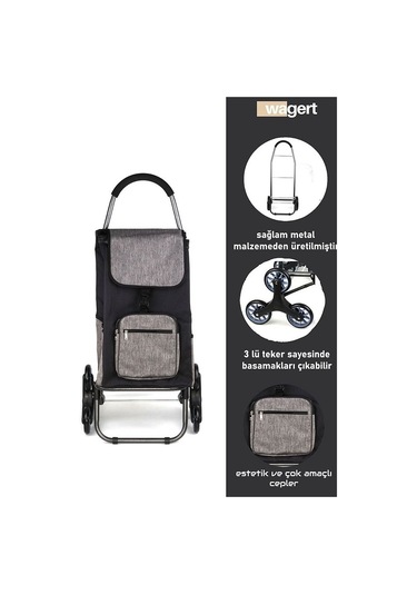 Sessiz 3 Tekerlekli Pazar Arabası Su Geçirmez, Fermuarlı Çantalı Siyah