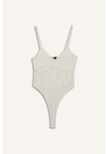 Defacto Coool Dantel İnce Askılı Çıtçıtlı Body F9740ax25auer103 Ekru