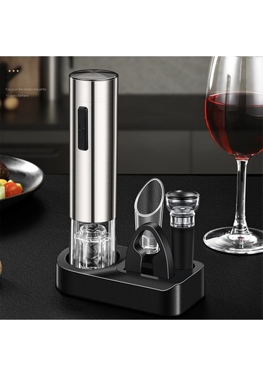 Moly 4'ü 1 Arada Elektrikli Şarap Açma Seti, Gümüş, Şarap Havalandırıcı Ve Vakum Tıpa Gümüş