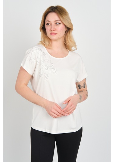 Ella Camelia Kadın Taşlı Ve Desenli Düşük Kol Bluz 24e044 Ekru Ekru