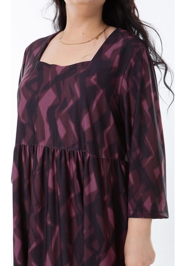 Kadın Büyük Beden Mürdüm Belden Büzgülü Kare Yaka Kapri Kollu Elbise 65n38247-mürdüm Mürdüm