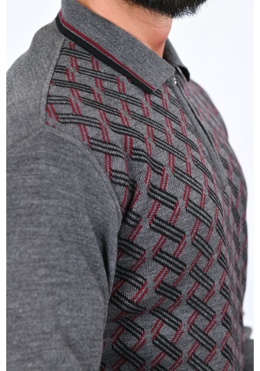 Kamalı Erkek Çelik Örgü Gömlek Yaka Fermuarlı Polo Yakalı Çizgili Desen Tüylenmeyen Triko Kışlık Baba Kazak Gri