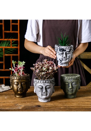 Suntek Çimento Buda Head Pot Statue Bonsai Çiçek Vazo Bronz