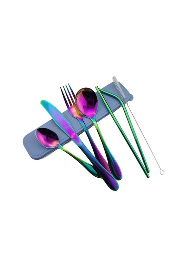 Novahub 8 Adet/takım Gökkuşağı Gümüş Seti Yemek Takımı Seti Paslanmaz Çelik Bıçak/çatal/çay Kaşığı Payet 1 Fırça İle 1 Kutu Yeniden Kullanılabilir Metal Saman Diğer